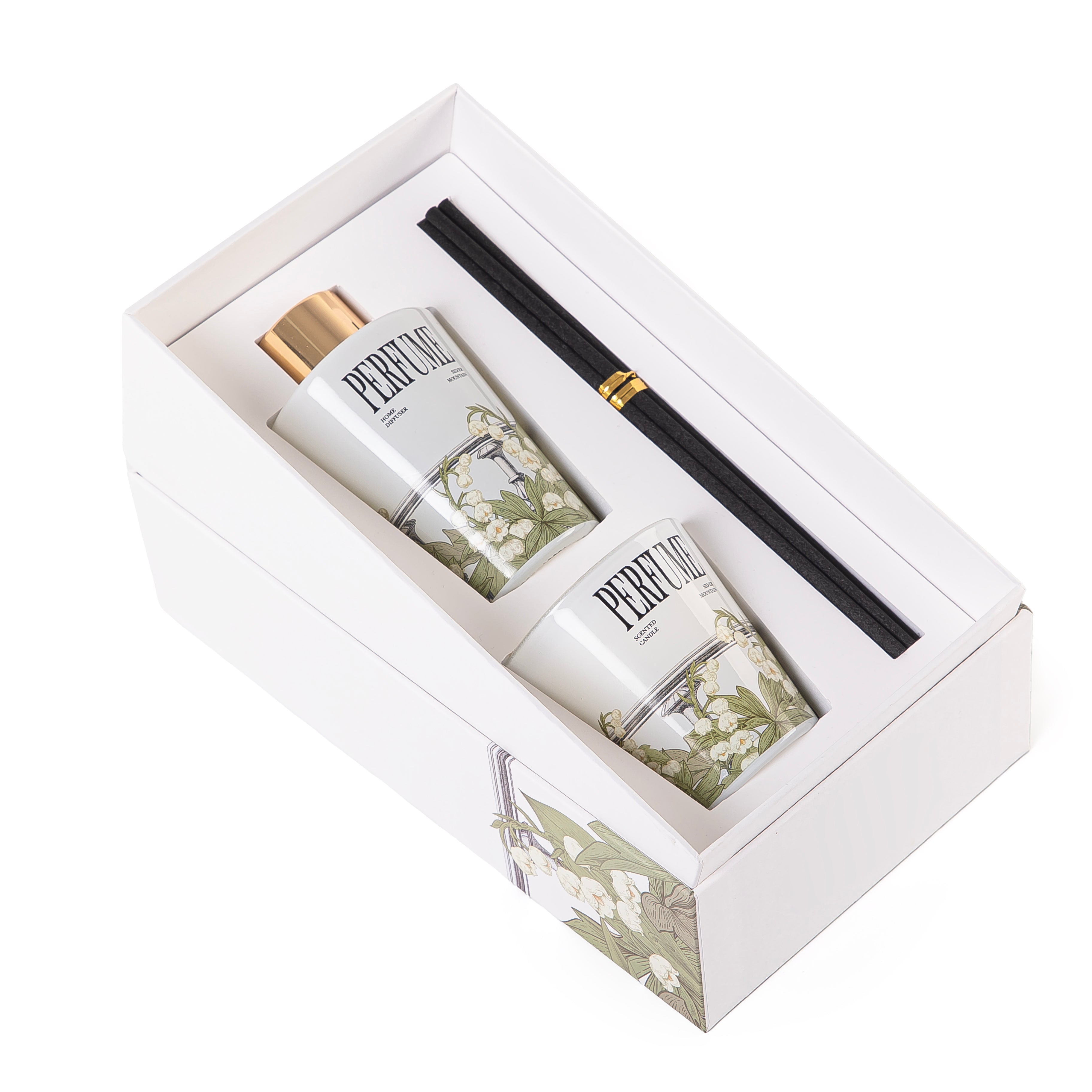 Rectangle box with a customized name label contains diffuser, candle, and five sticks