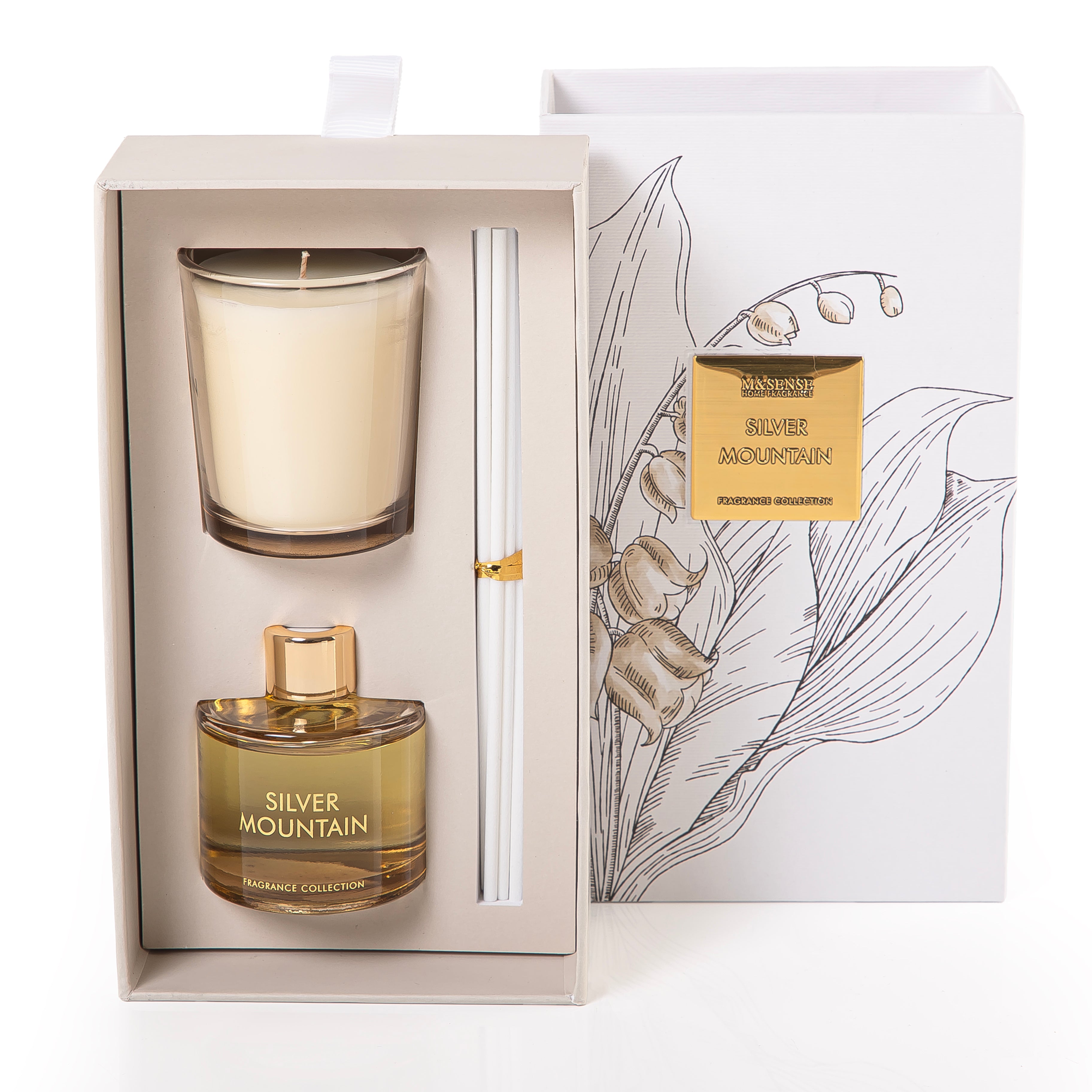 Rectangular decorated box with a customized name label, containing a diffuser, candle, and five sticks