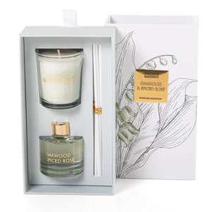 Rectangular decorated box with a customized name label, containing a diffuser, candle, and five sticks