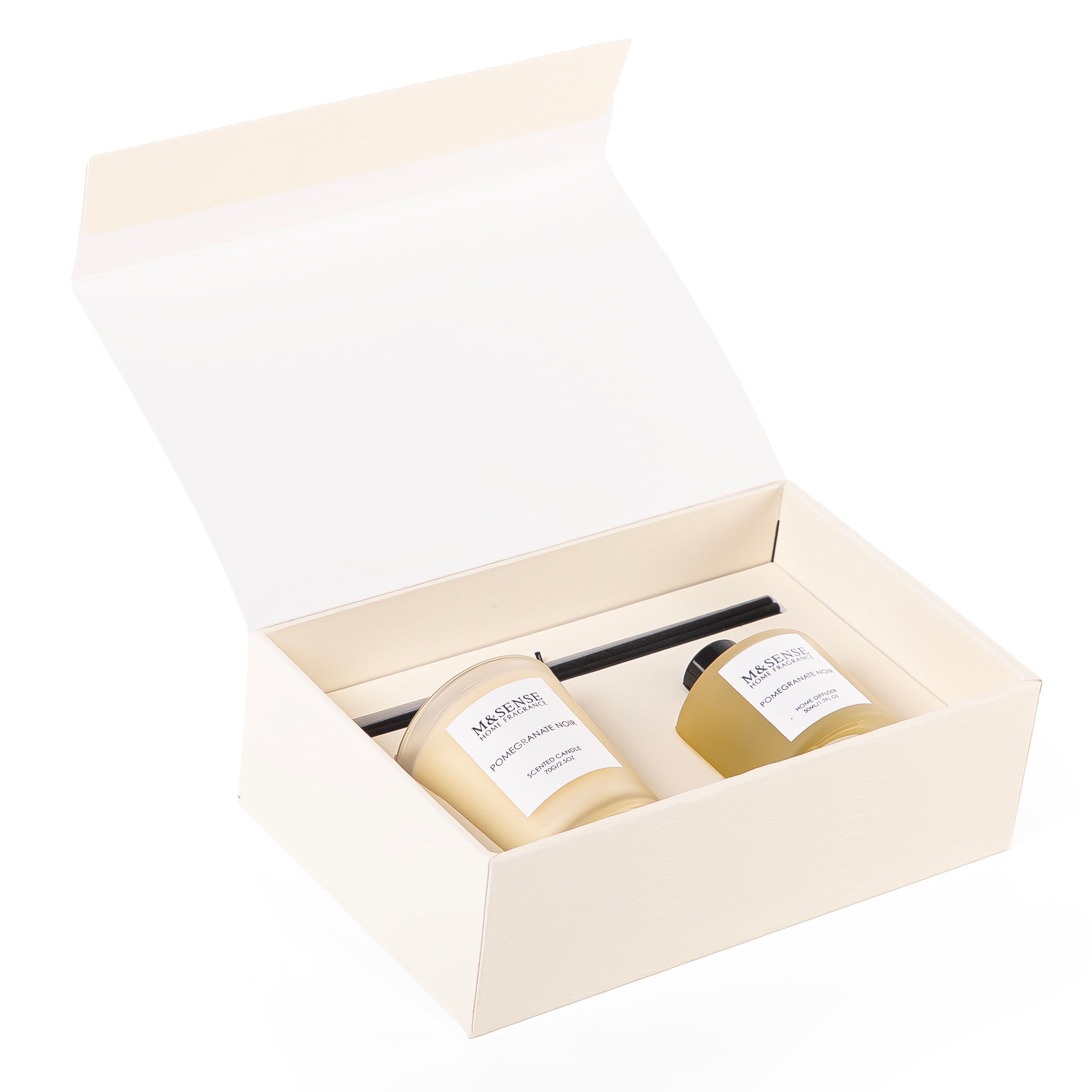 Rectangle yellow box contains Pomegranate Noir diffuser, candle, and five sticks
