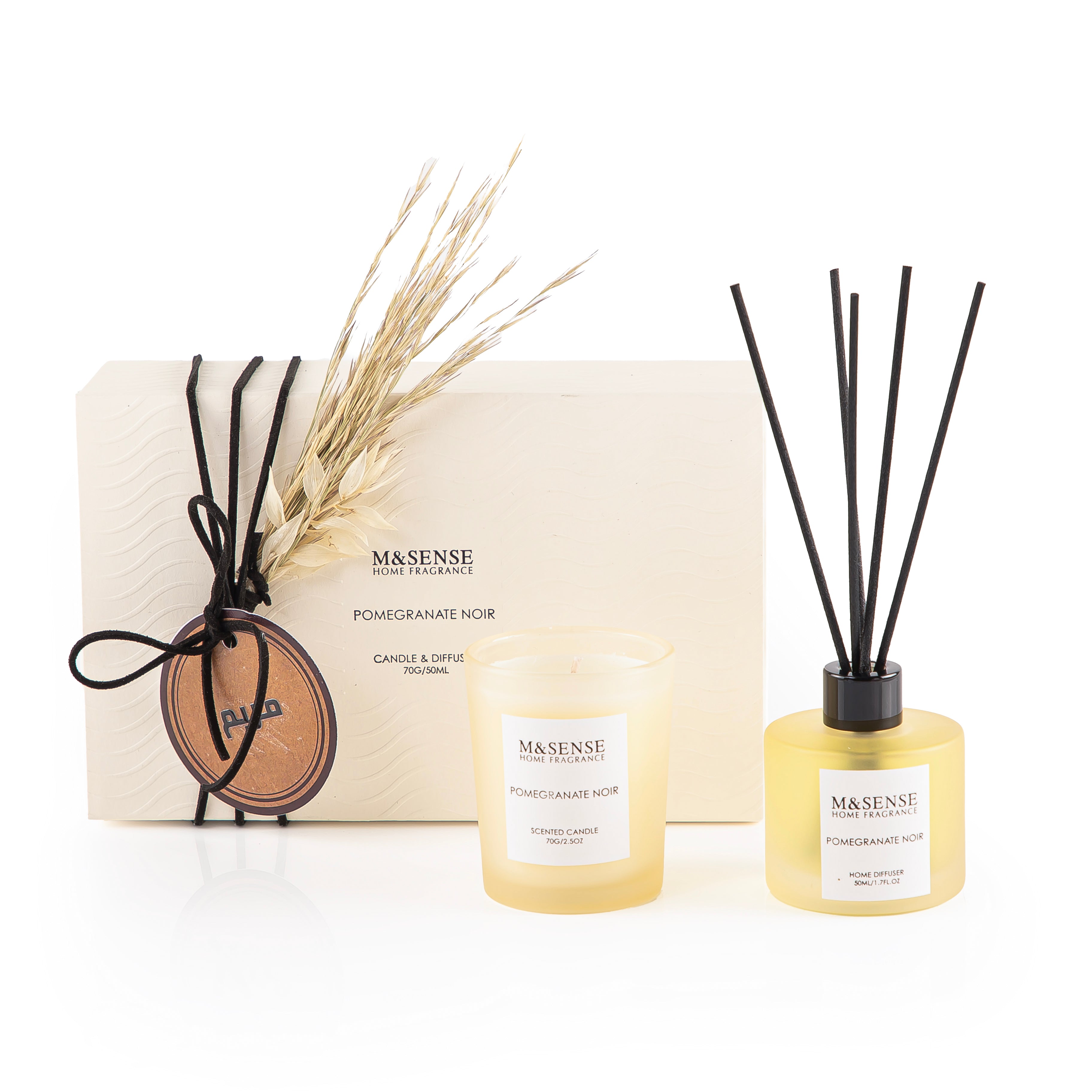 Rectangle yellow box with a customized name label contains Pomegranate Noir diffuser, candle, and five sticks