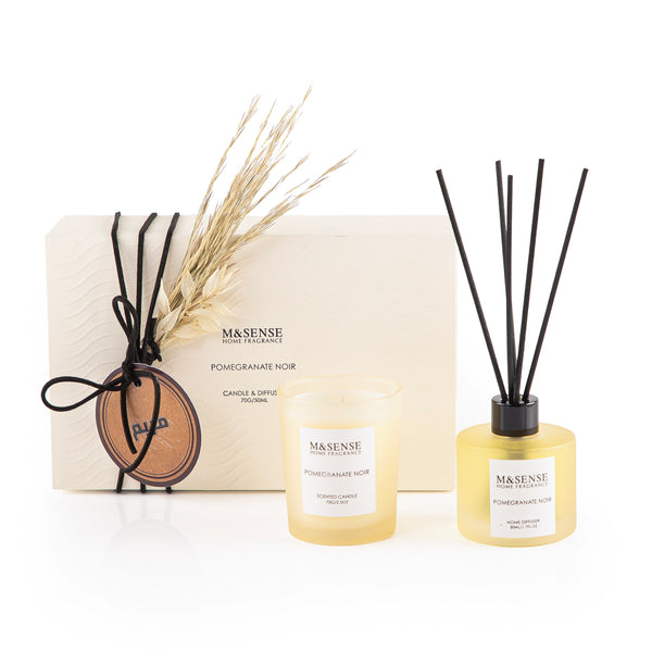 Rectangle yellow box with a customized name label contains Pomegranate Noir diffuser, candle, and five sticks