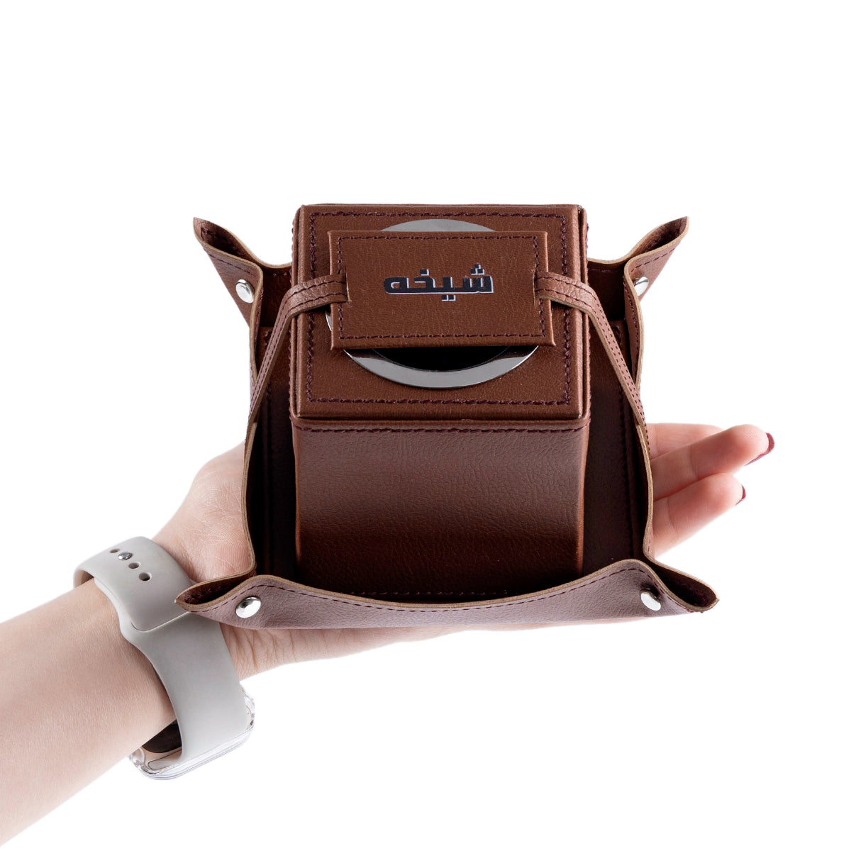 Brown leather incense burner with customized name label 