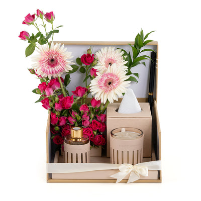 Beige Leather tray with matching tissue box, pink roses, candle, and diffuser, inside gift box