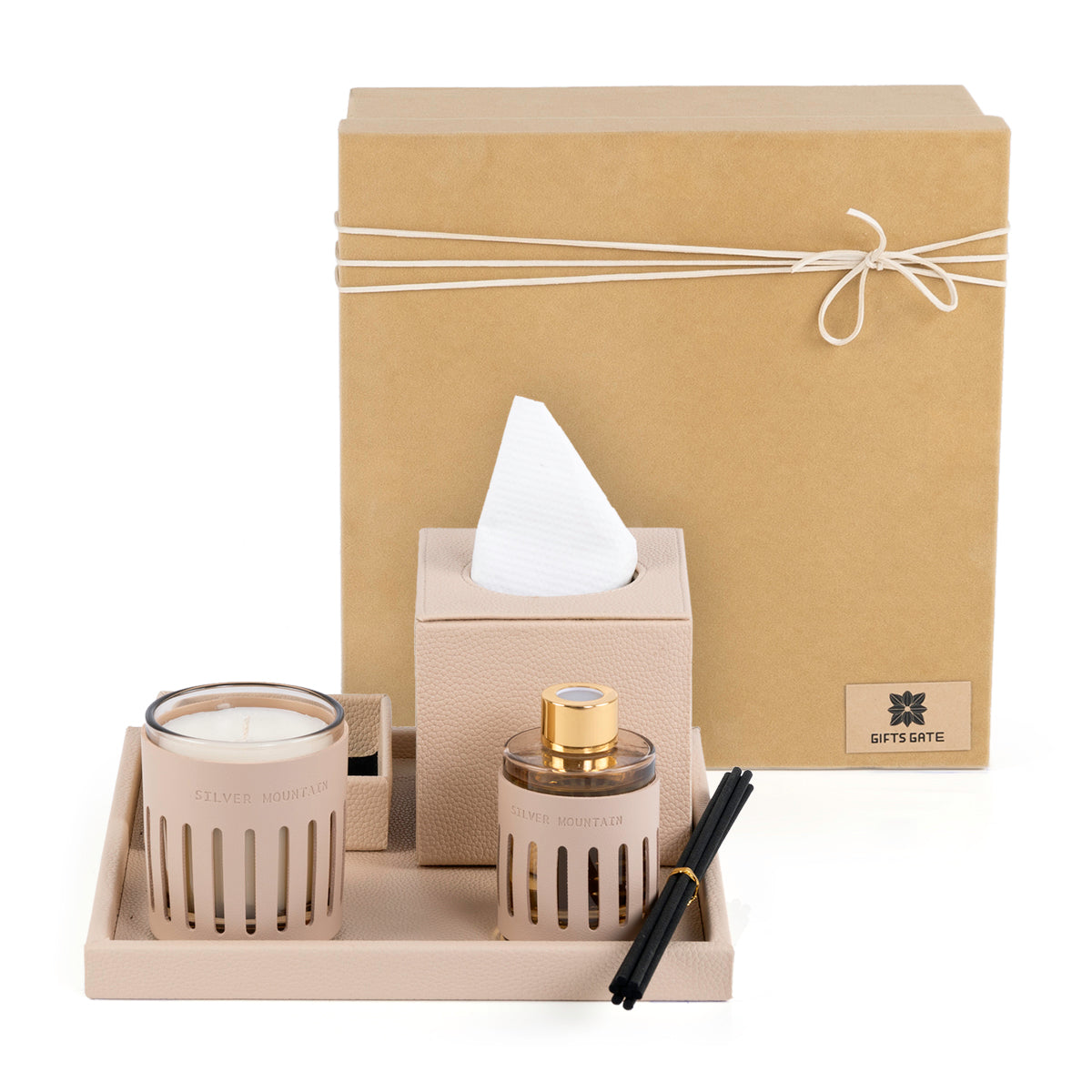 Beige Leather tray with matching tissue box, plate, candle, and diffuser