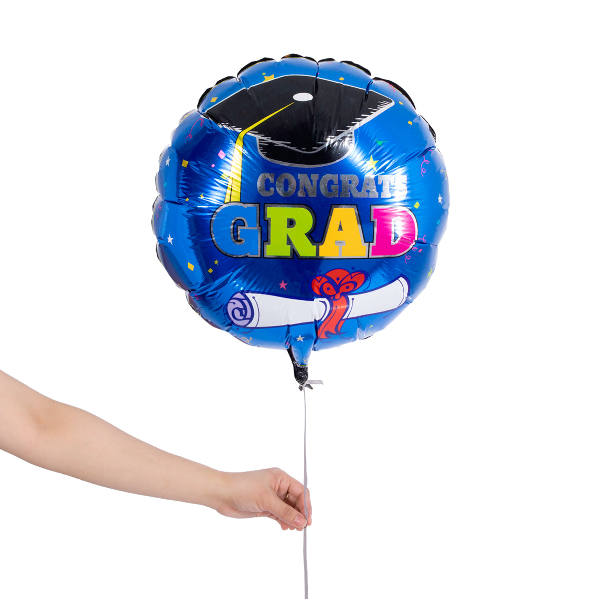 blue circular graduation party balloon with sentence congrats grad