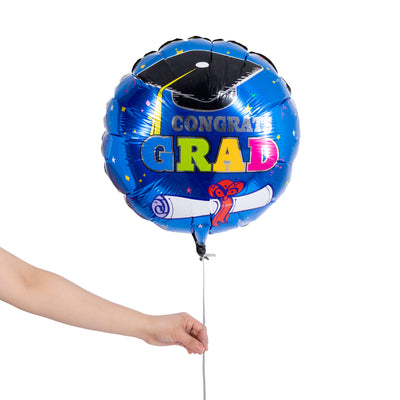 blue circular graduation party balloon with sentence congrats grad