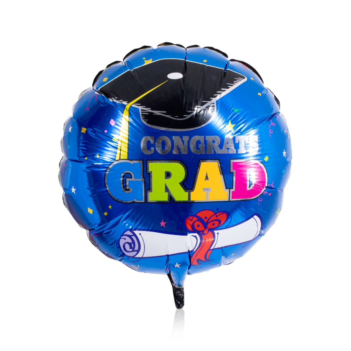 blue circular graduation party balloon with sentence congrats grad