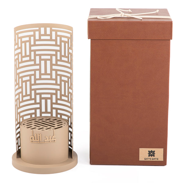 beige metal incense burner with customized name