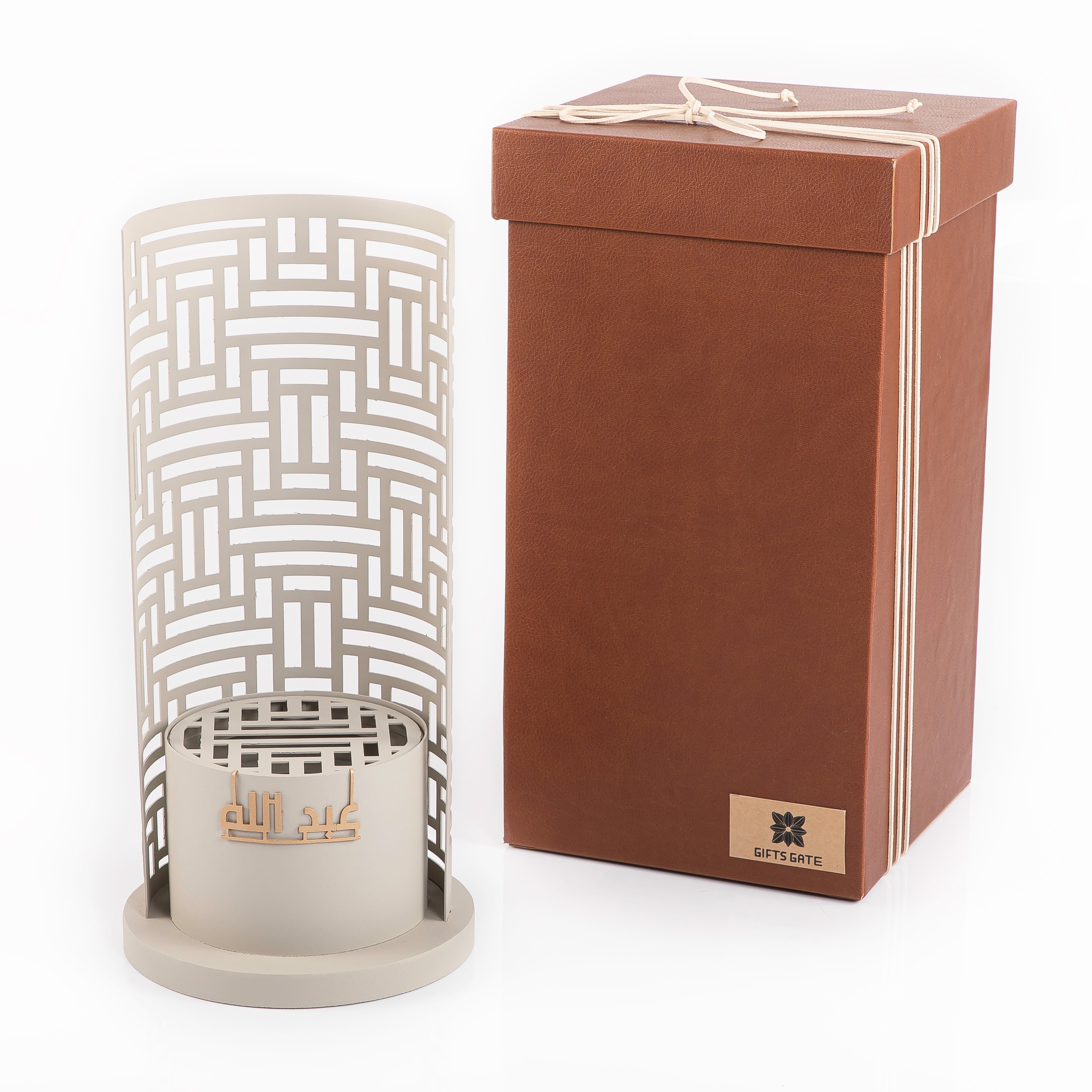 grey metal incense burner with customized name