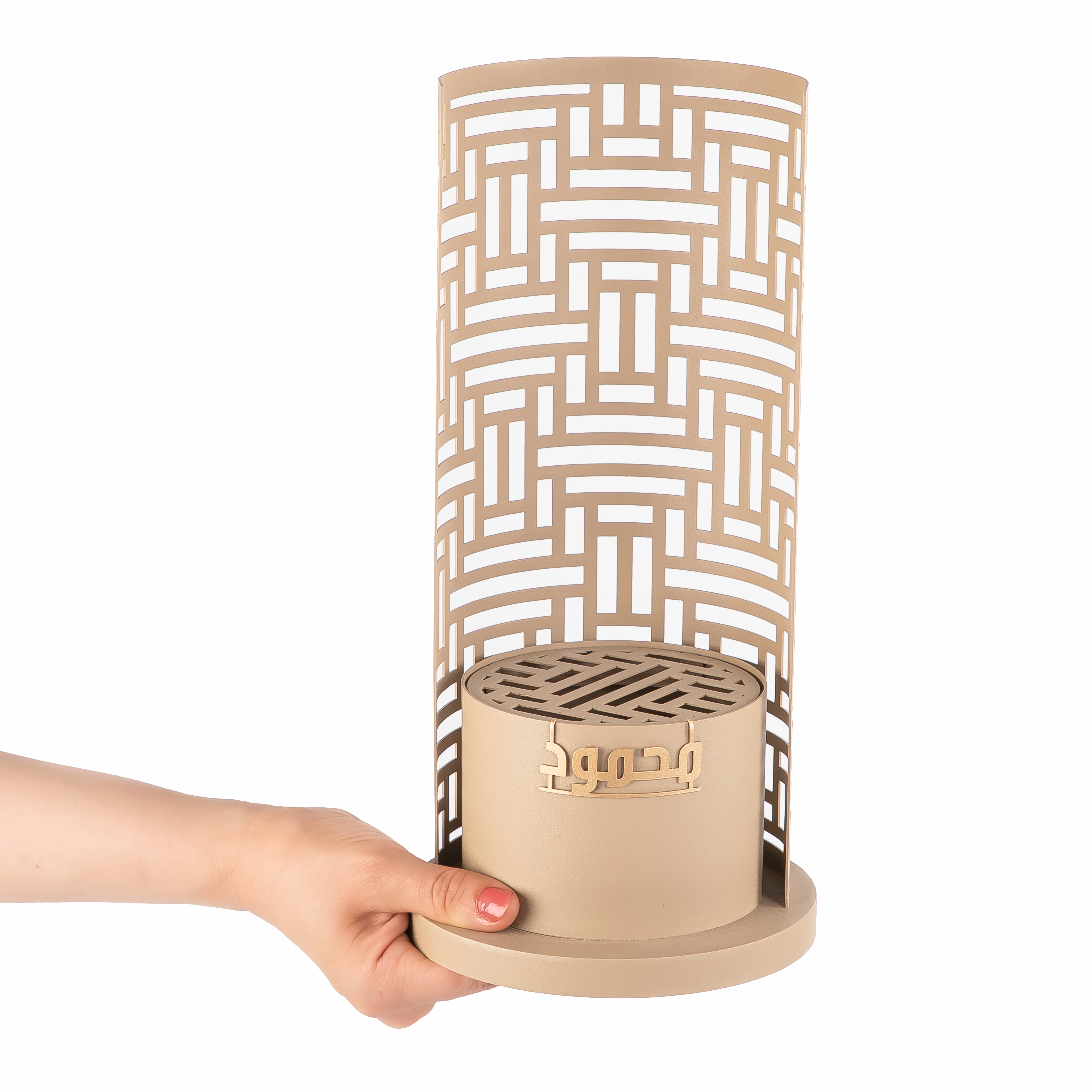 beige metal incense burner with customized name