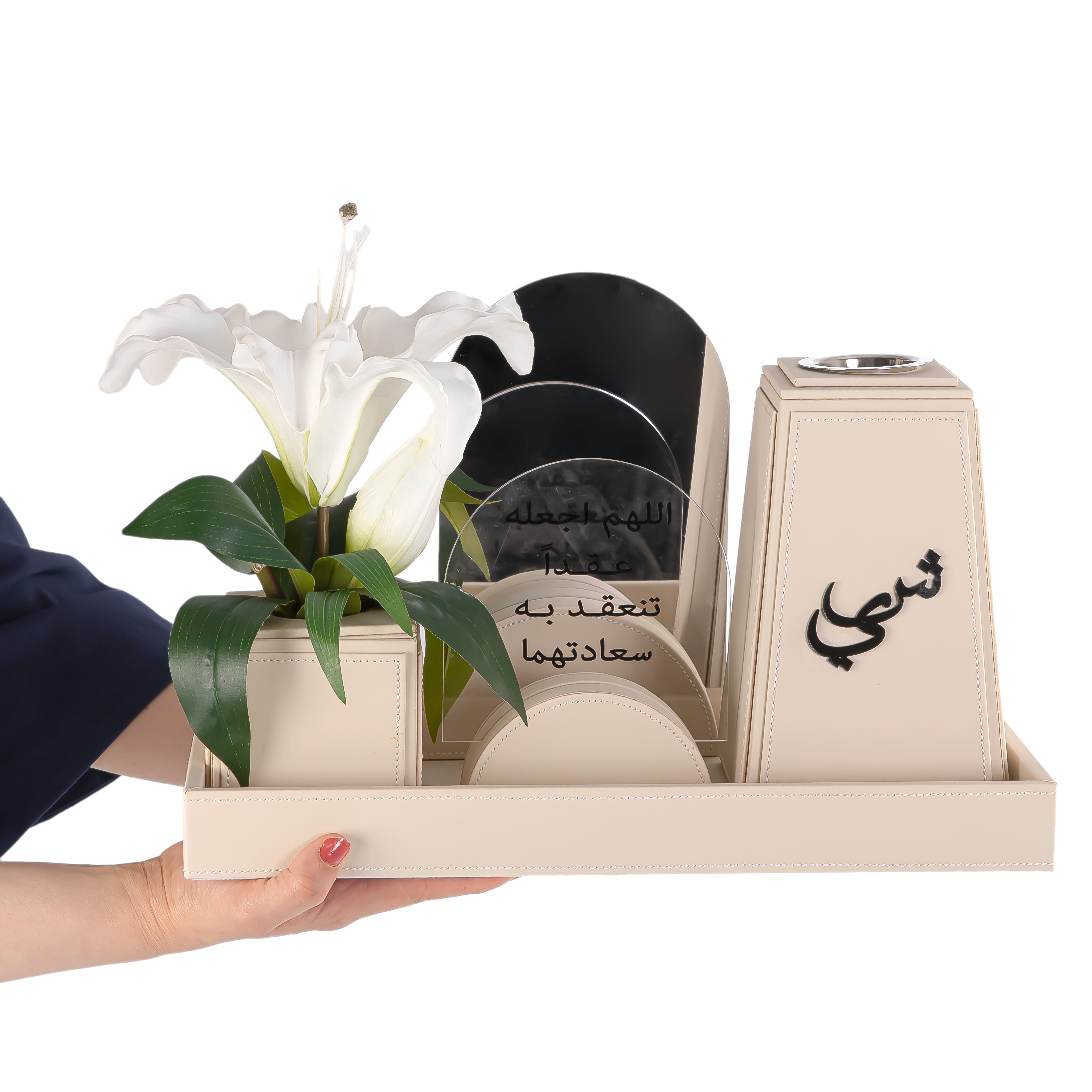 beige leather set includes tray, flower, incense burner, mirror, and stand with a customized sentence or name
