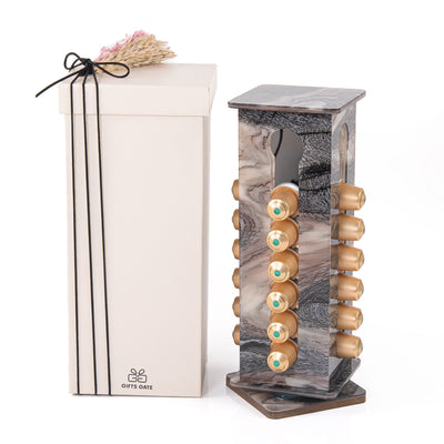 A purple Nespresso capsules stand