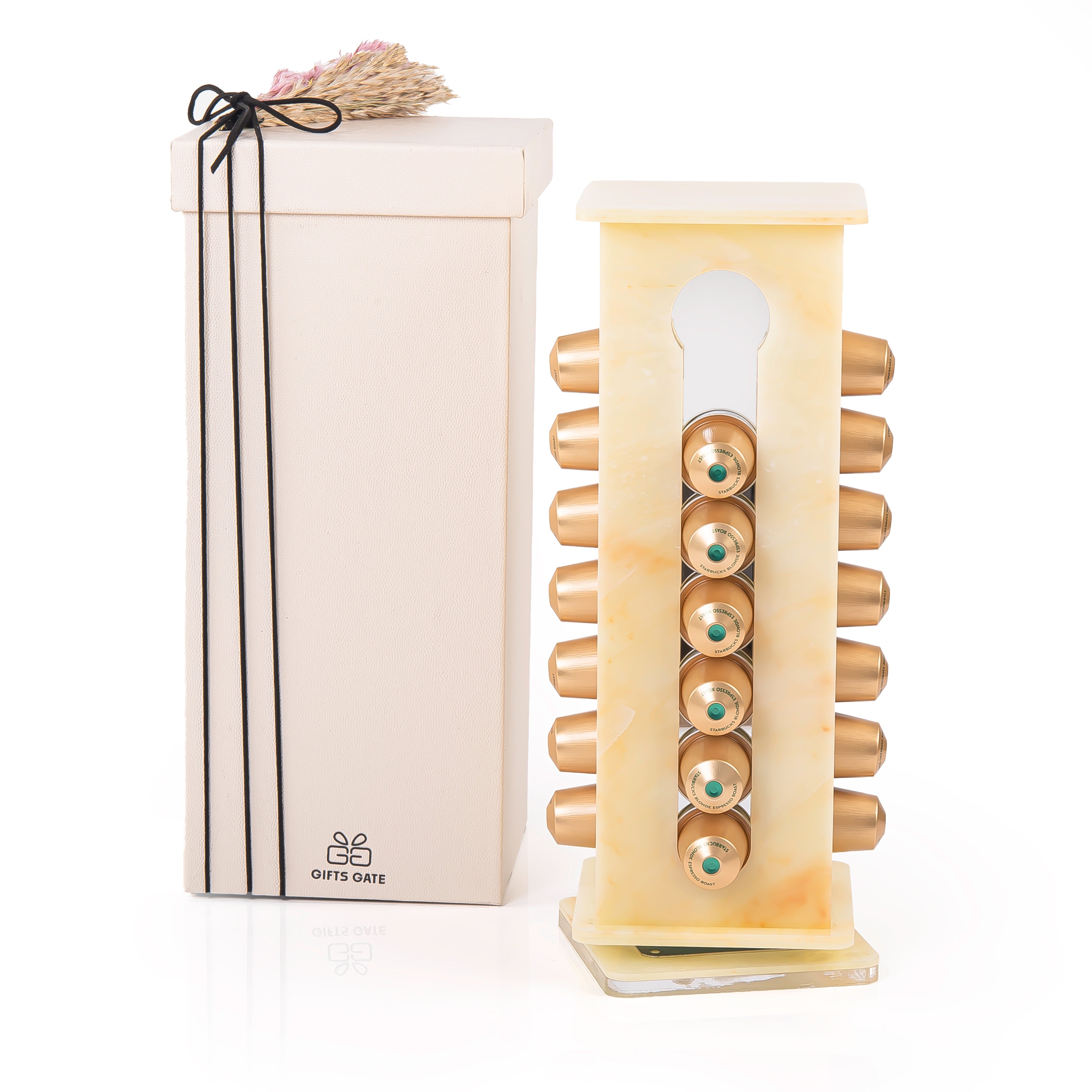 A yellow Nespresso capsules stand