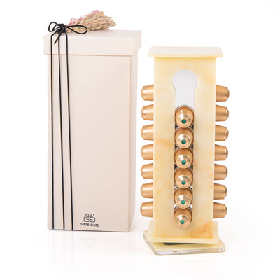 A yellow Nespresso capsules stand