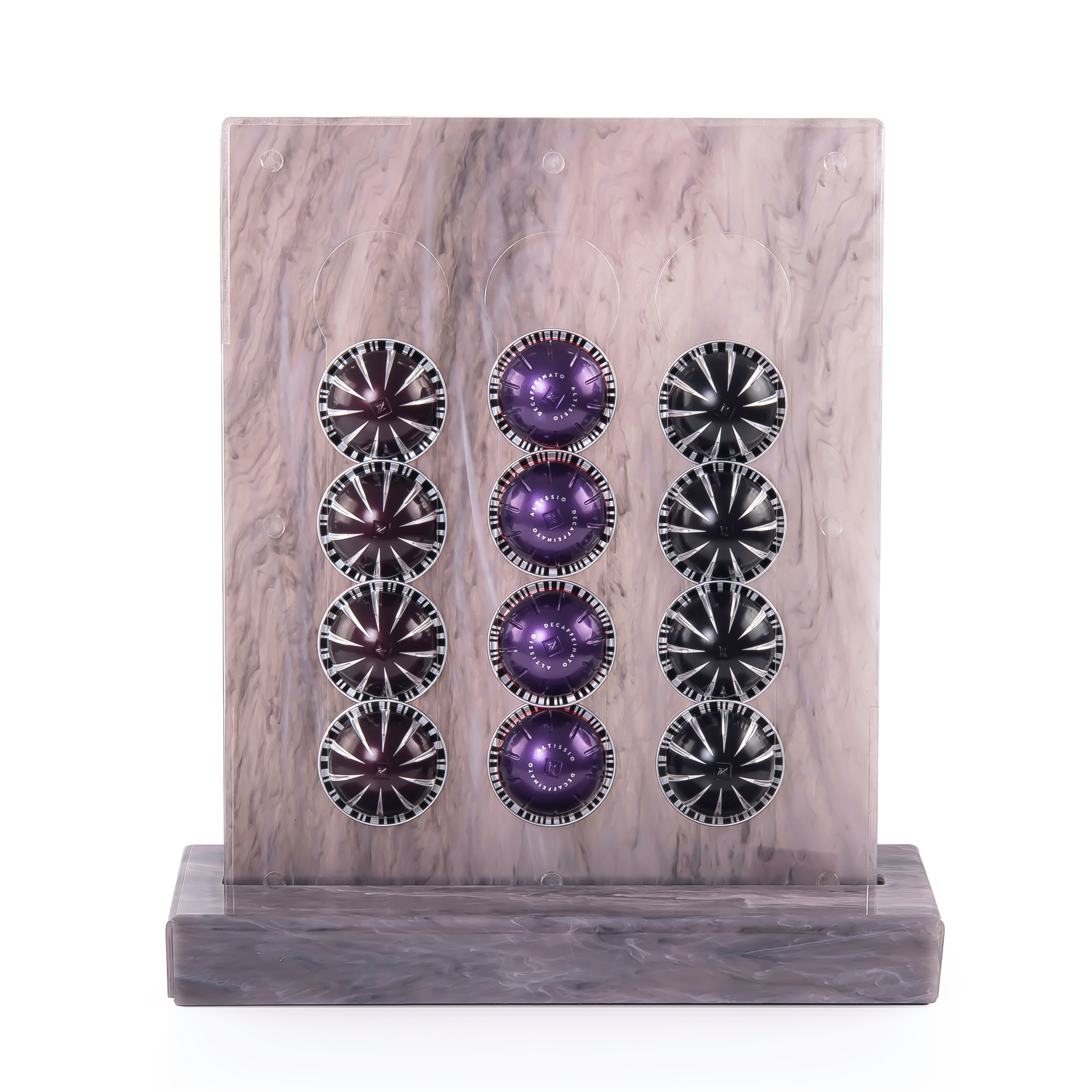 A purple Vertuo capsules stand