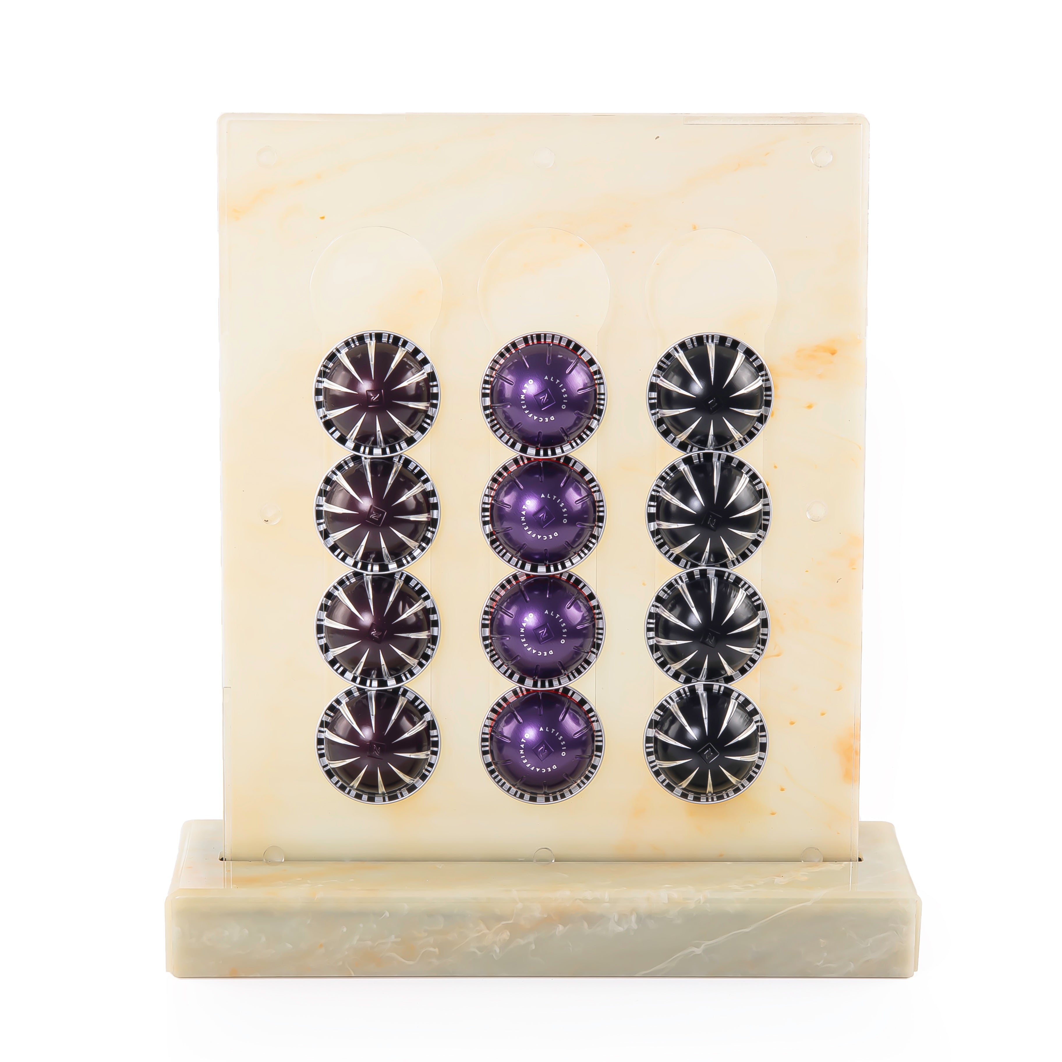 A yellow Vertuo capsules stand