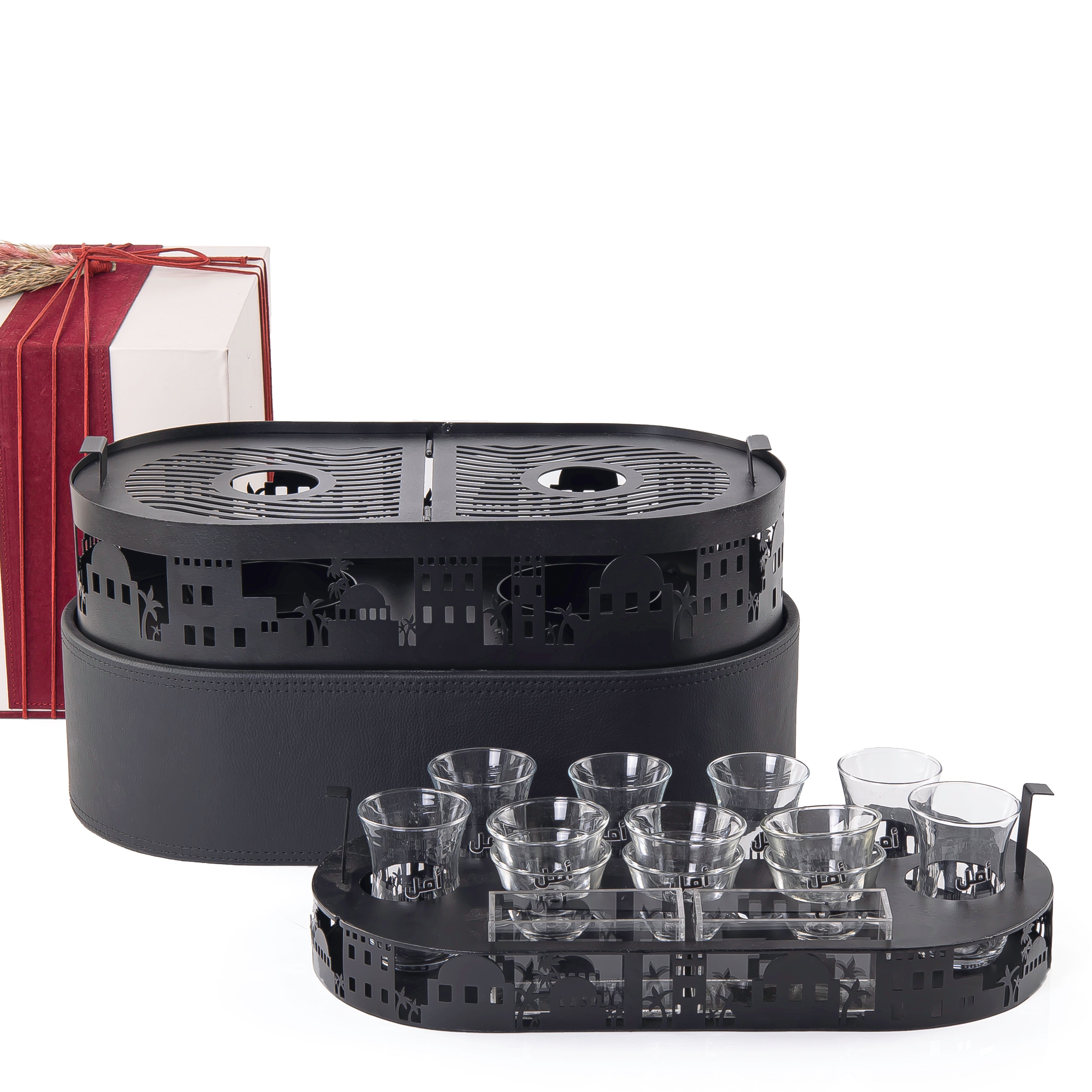 A black metal set contains stand, cups holder, 6 coffee glasses, and 6 tea glasses