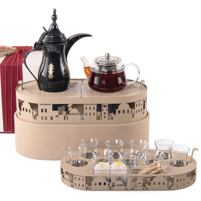 A beige metal set contains stand, cups holder, 6 coffee glasses, and 6 tea glasses