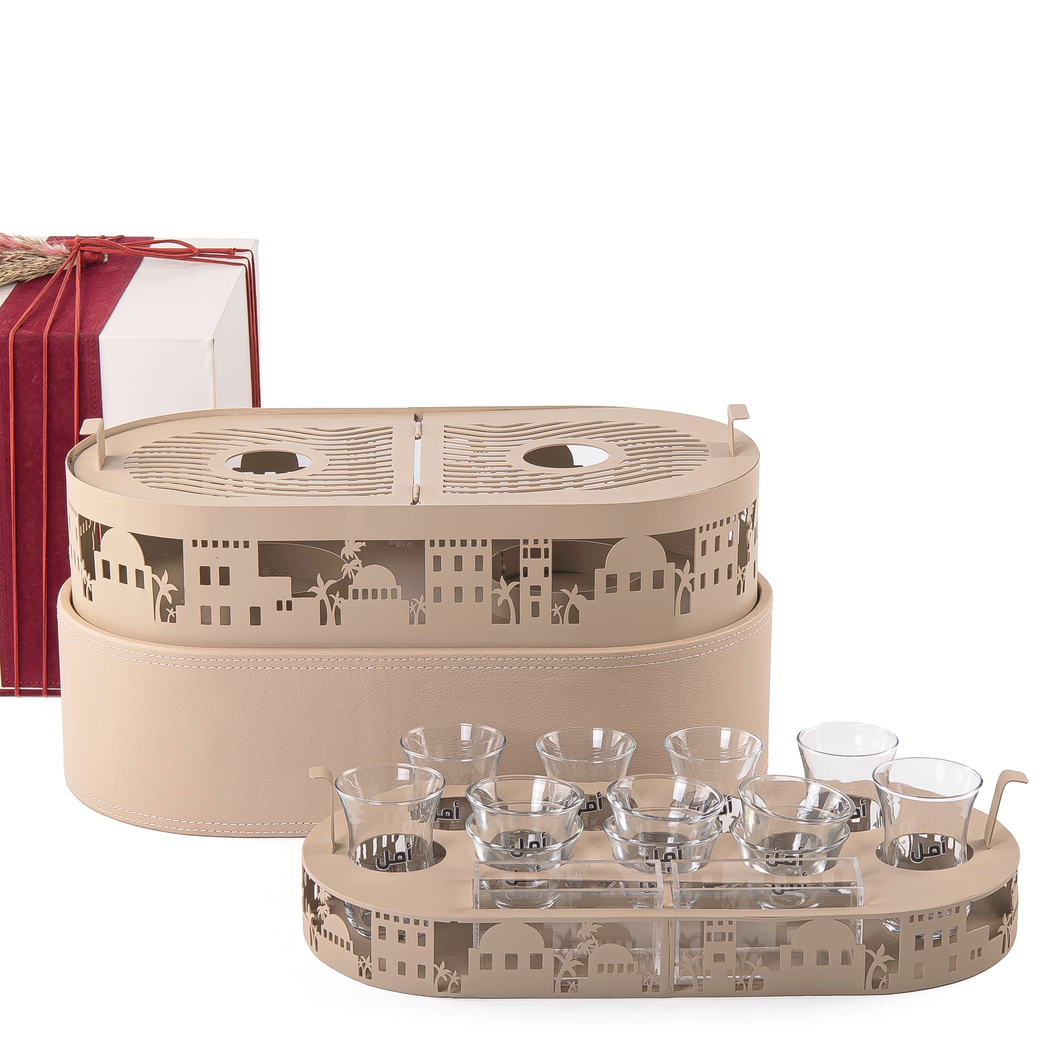 A beige metal set contains stand, cups holder, 6 coffee glasses, and 6 tea glasses