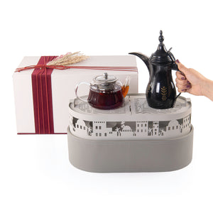 A grey metal set contains stand, cups holder, 6 coffee glasses, and 6 tea glasses