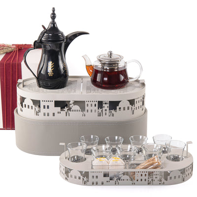 A grey metal set contains stand, cups holder, 6 coffee glasses, and 6 tea glasses