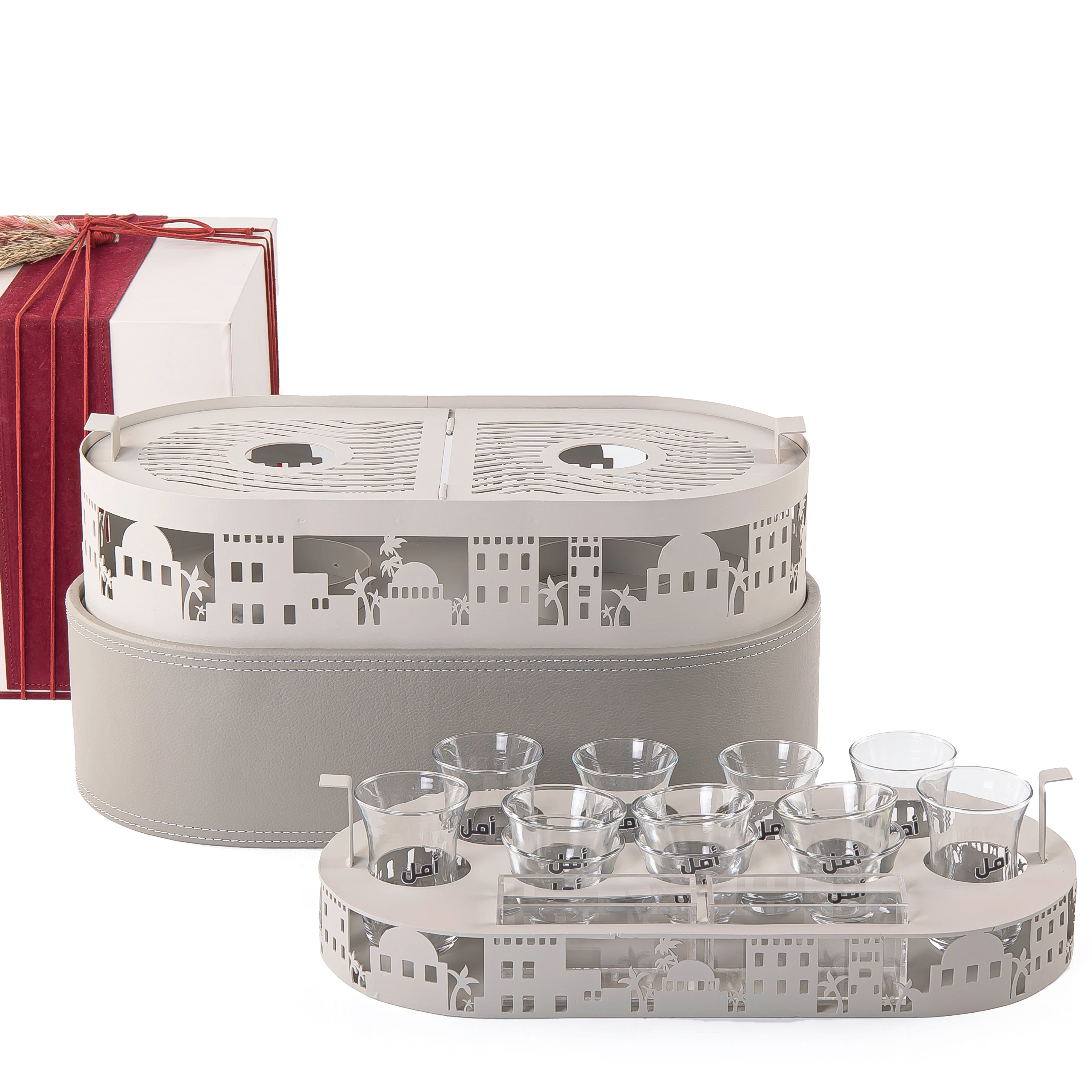 A grey metal set contains stand, cups holder, 6 coffee glasses, and 6 tea glasses