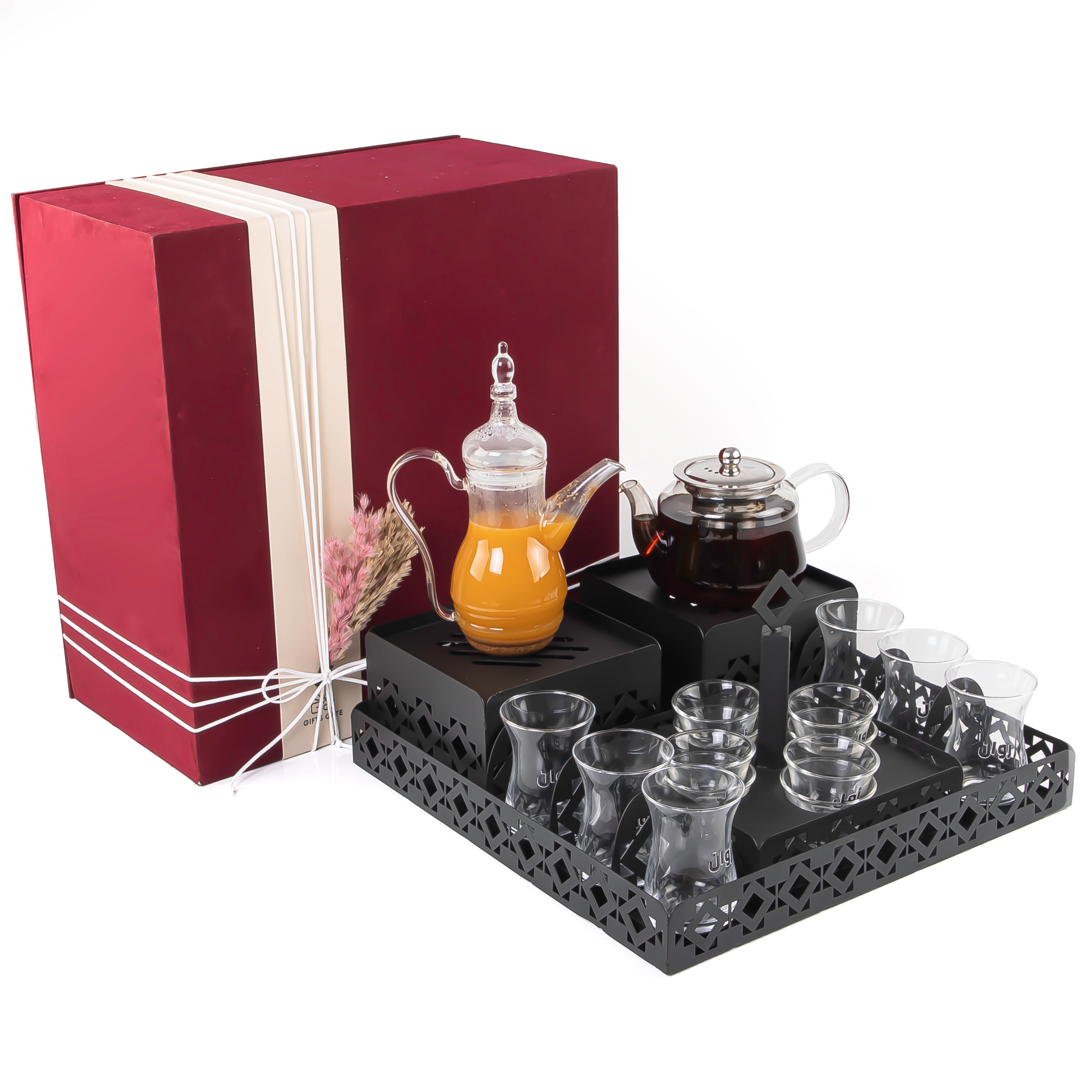 A black metal set contains tray, two stands, 8 coffee glasses, 6 tea glasses, and metal coasters