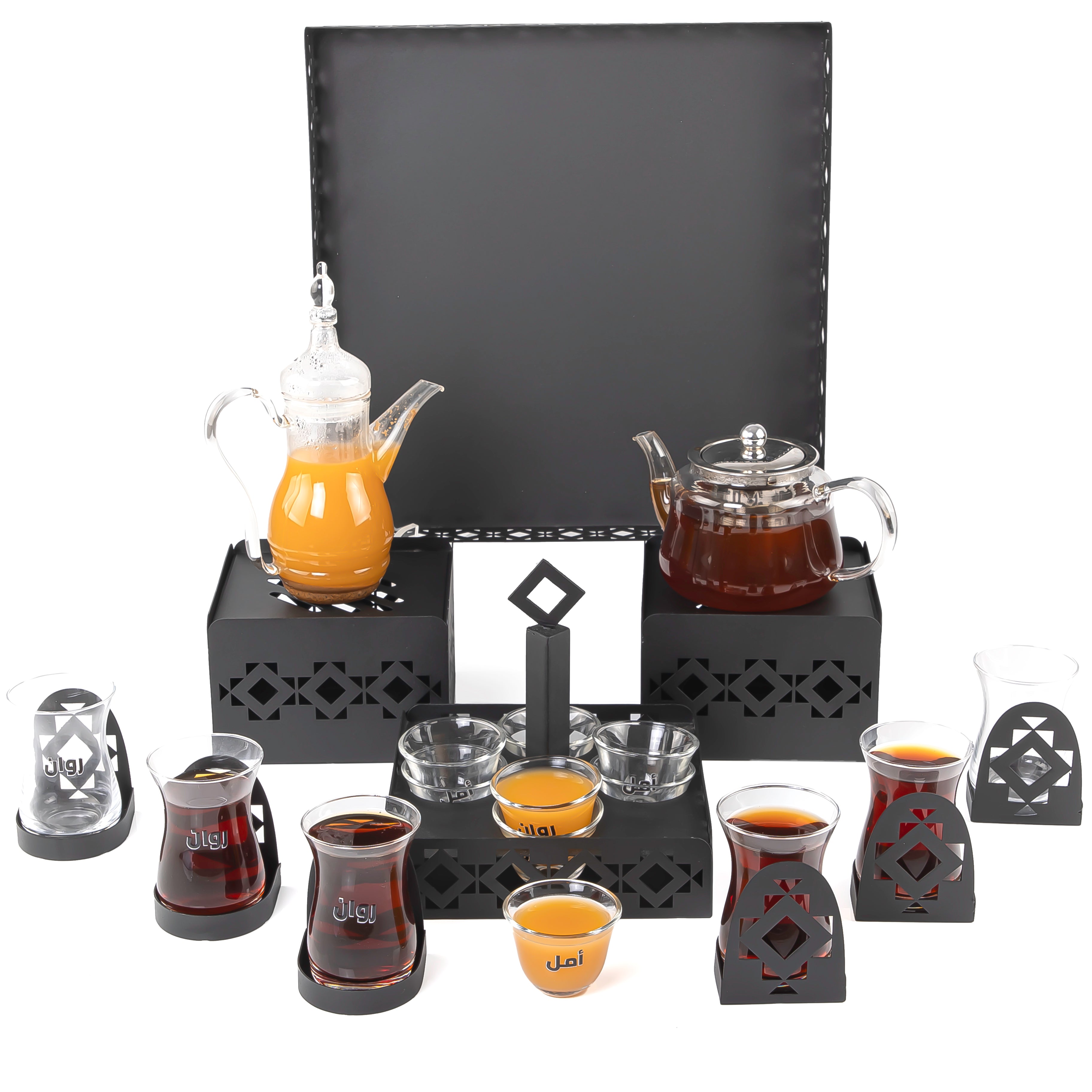A black metal set contains tray, two stands, 8 coffee glasses, 6 tea glasses, and metal coasters