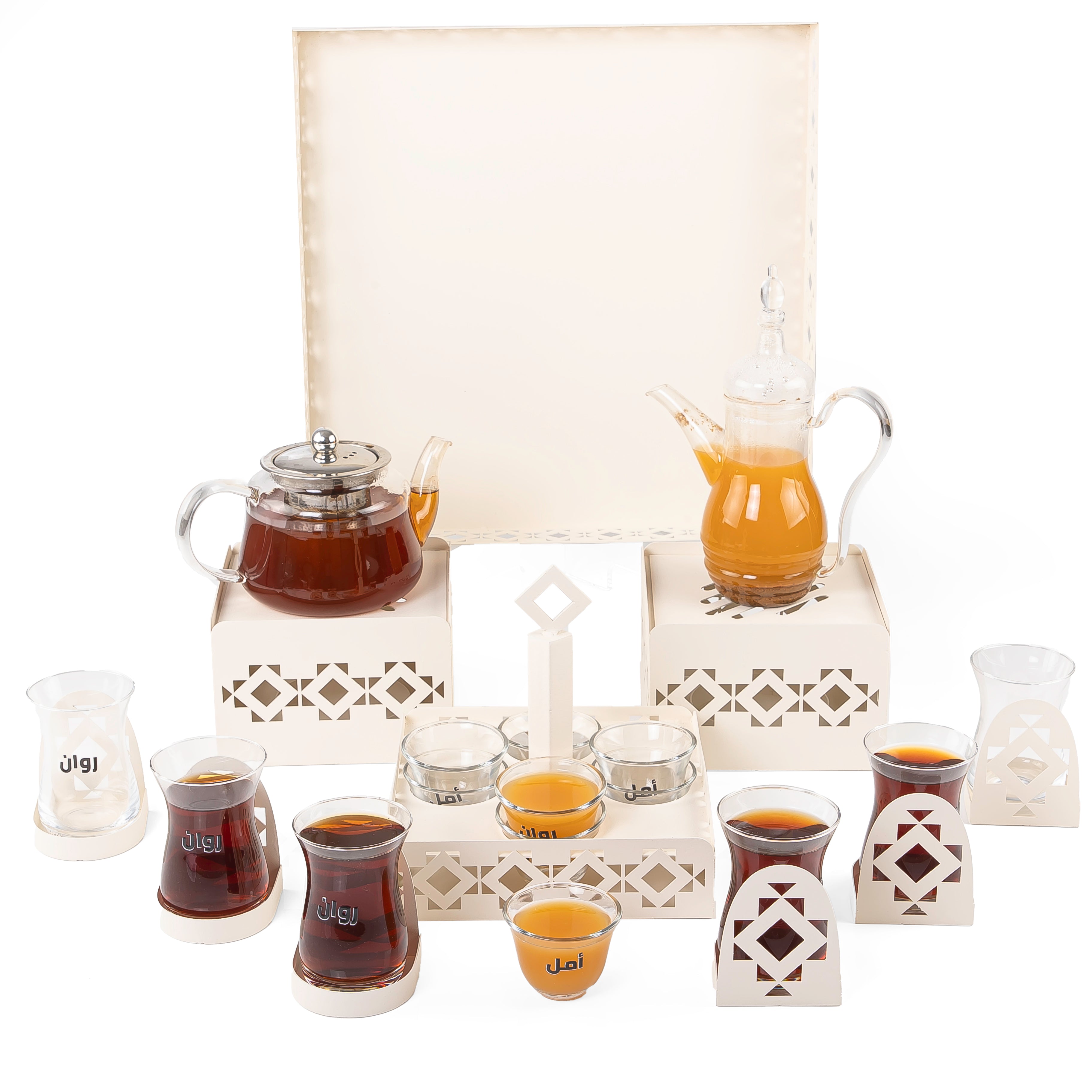 A beige metal set contains tray, two stands, 8 coffee glasses, 6 tea glasses, and metal coasters