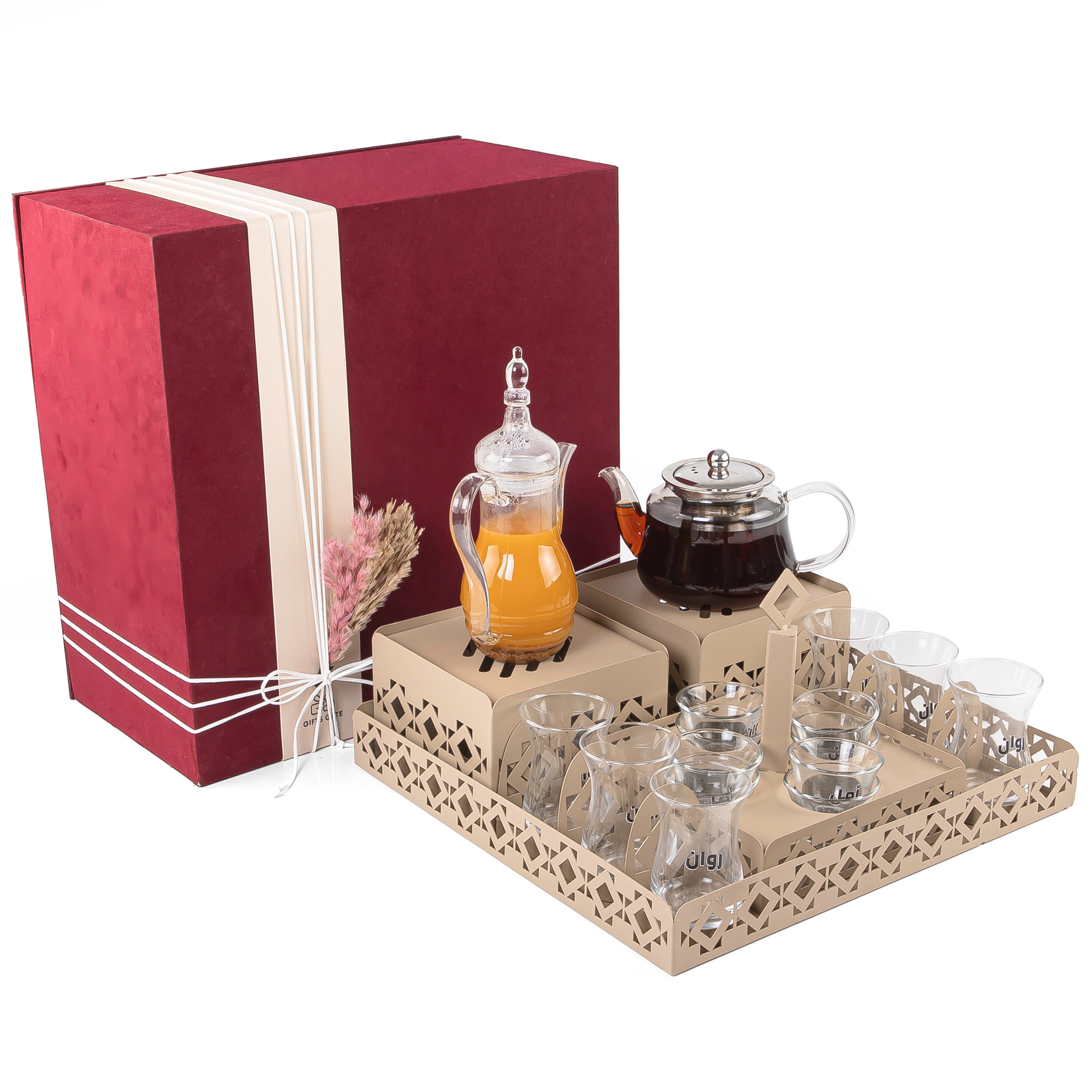 A beige metal set contains tray, two stands, 8 coffee glasses, 6 tea glasses, and metal coasters