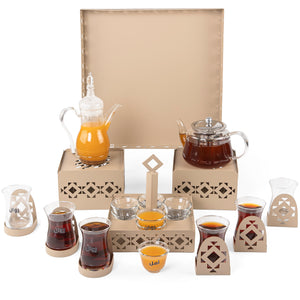 A beige metal set contains tray, two stands, 8 coffee glasses, 6 tea glasses, and metal coasters