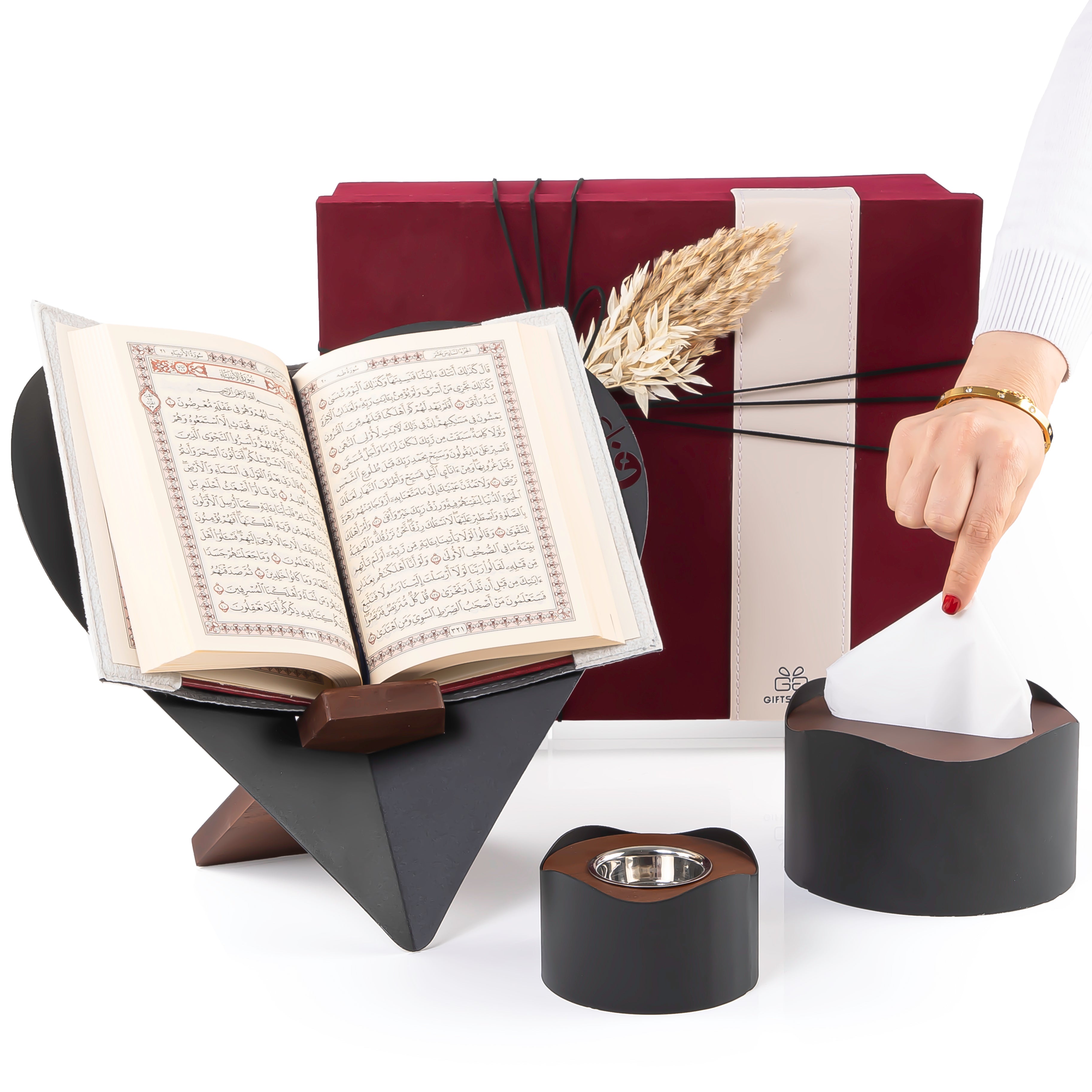 set of black Quran stand, tissue box, and incense burner