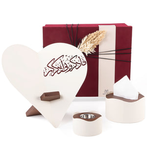 set of beige Quran stand, tissue box, and incense burner