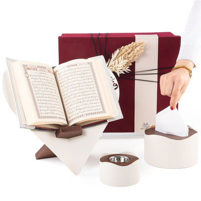 set of beige Quran stand, tissue box, and incense burner