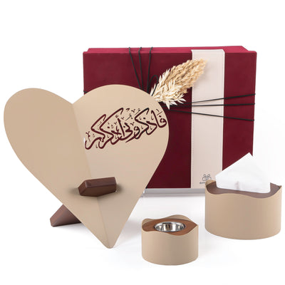 set of beige Quran stand, tissue box, and incense burner