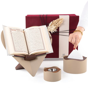 set of beige Quran stand, tissue box, and incense burner