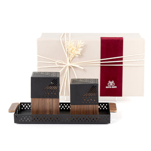 Black metal tray with incense burner and bakhor storage box