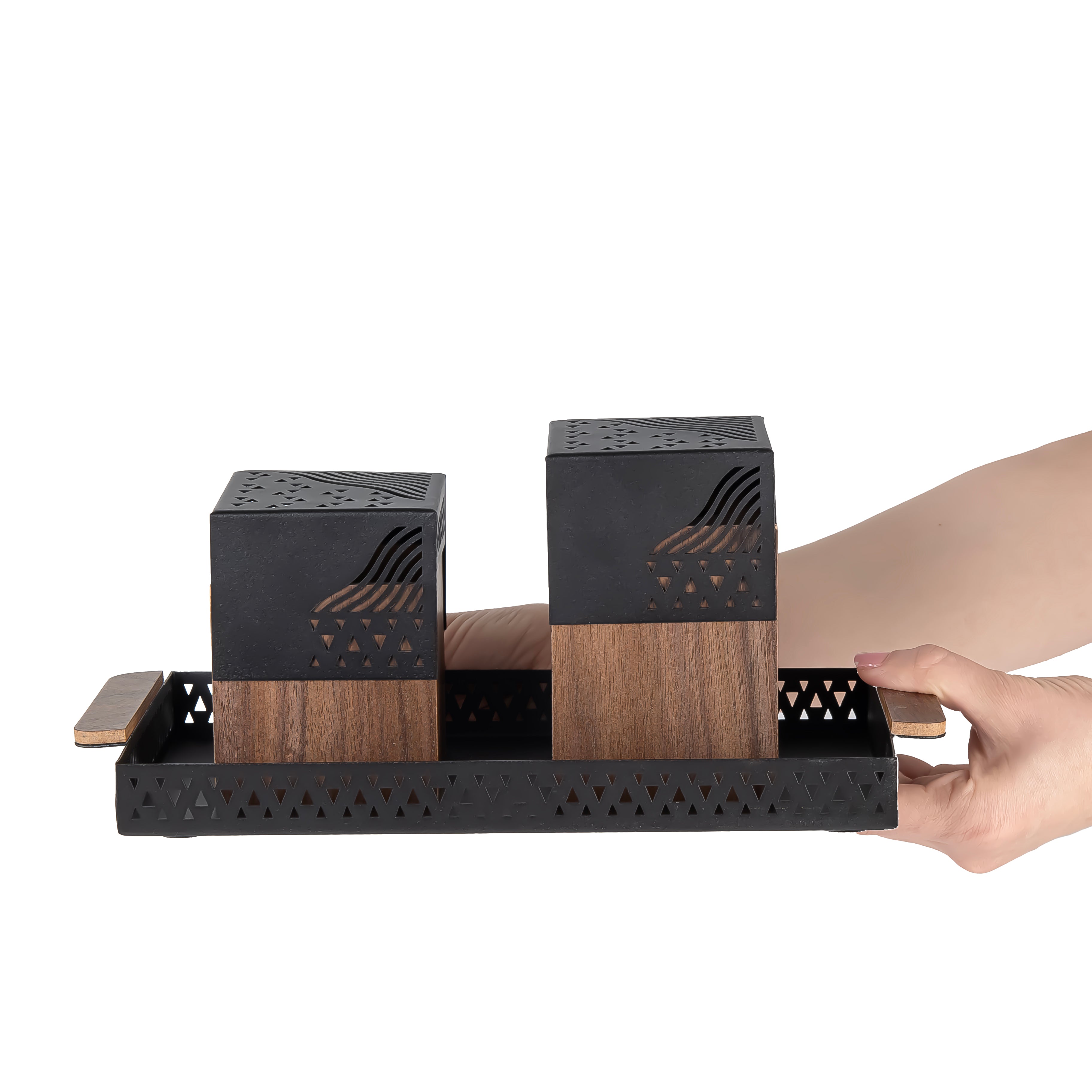 Black metal tray with incense burner and bakhor storage box