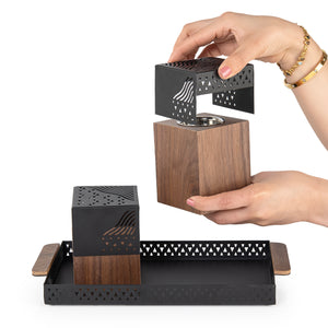 Black metal tray with incense burner and bakhor storage box