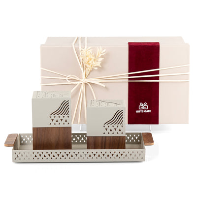 Gray metal tray with incense burner and bakhor storage box