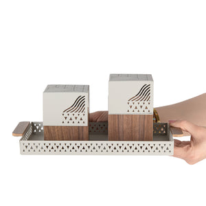 Gray metal tray with incense burner and bakhor storage box