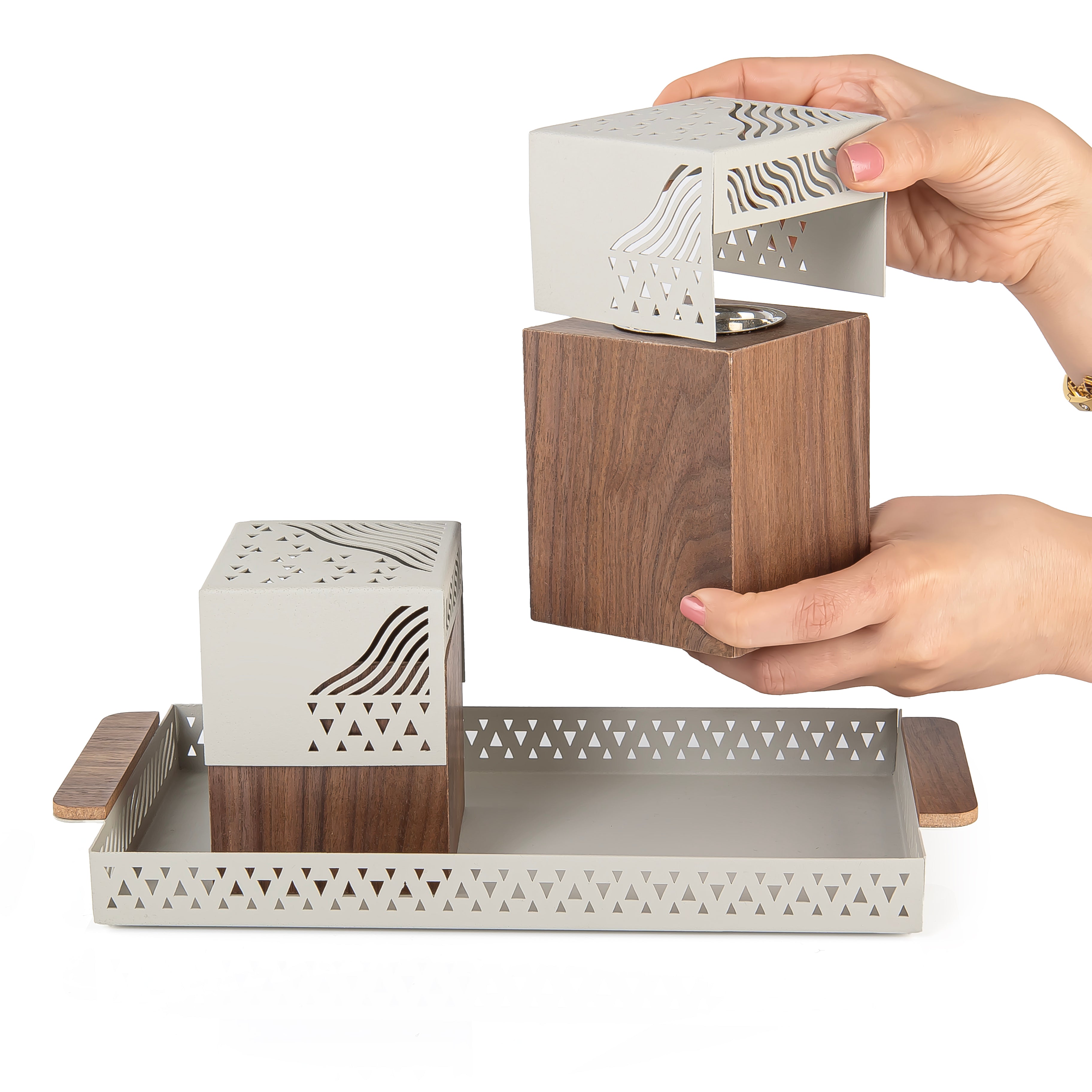 Gray metal tray with incense burner and bakhor storage box