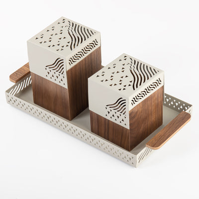 Gray metal tray with incense burner and bakhor storage box