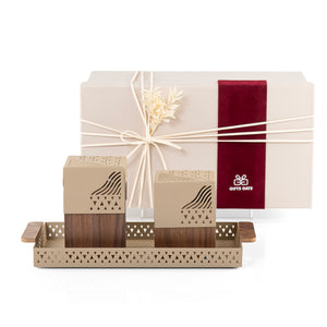 Beige metal tray with incense burner and bakhor storage box