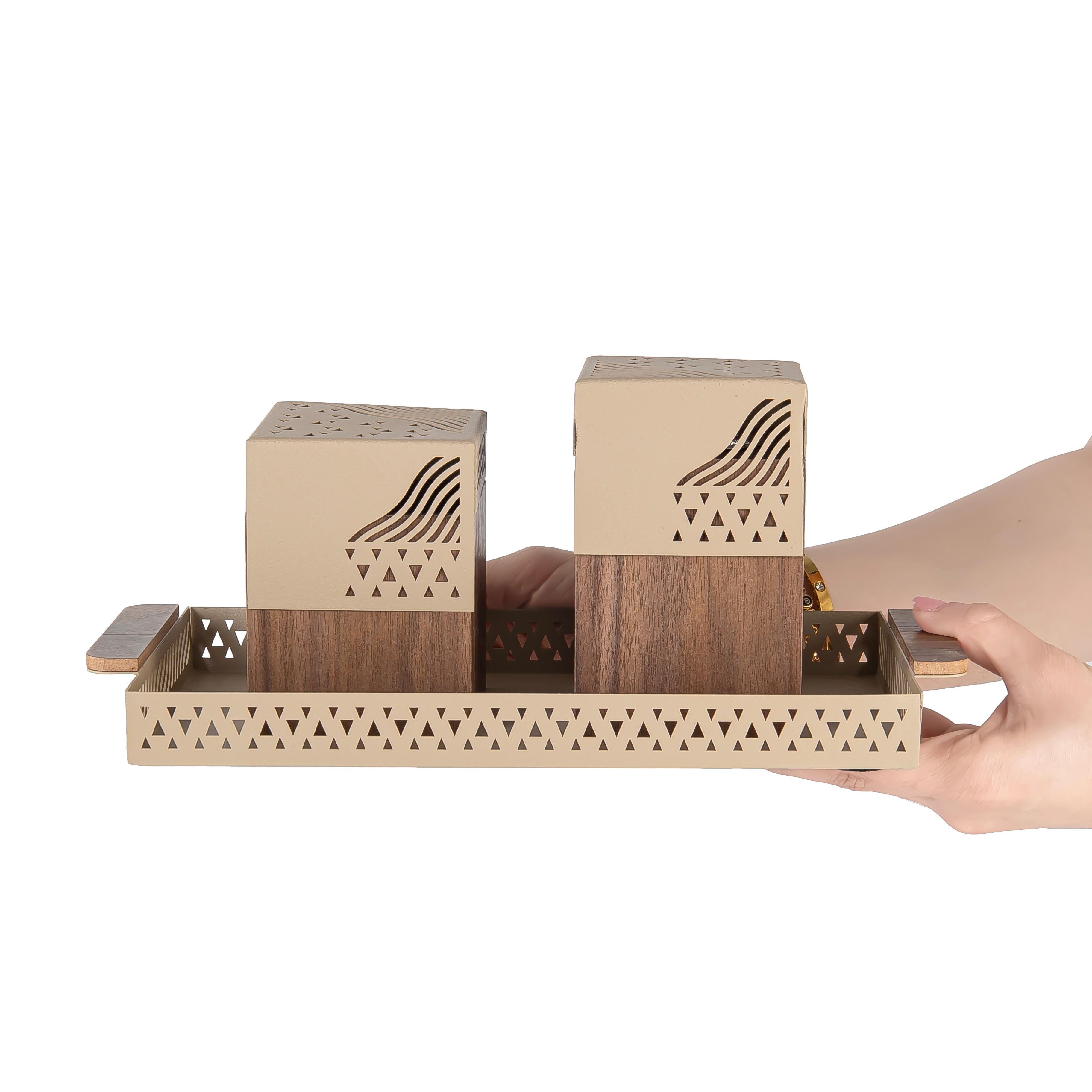 Beige metal tray with incense burner and bakhor storage box