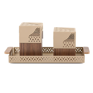 Beige metal tray with incense burner and bakhor storage box