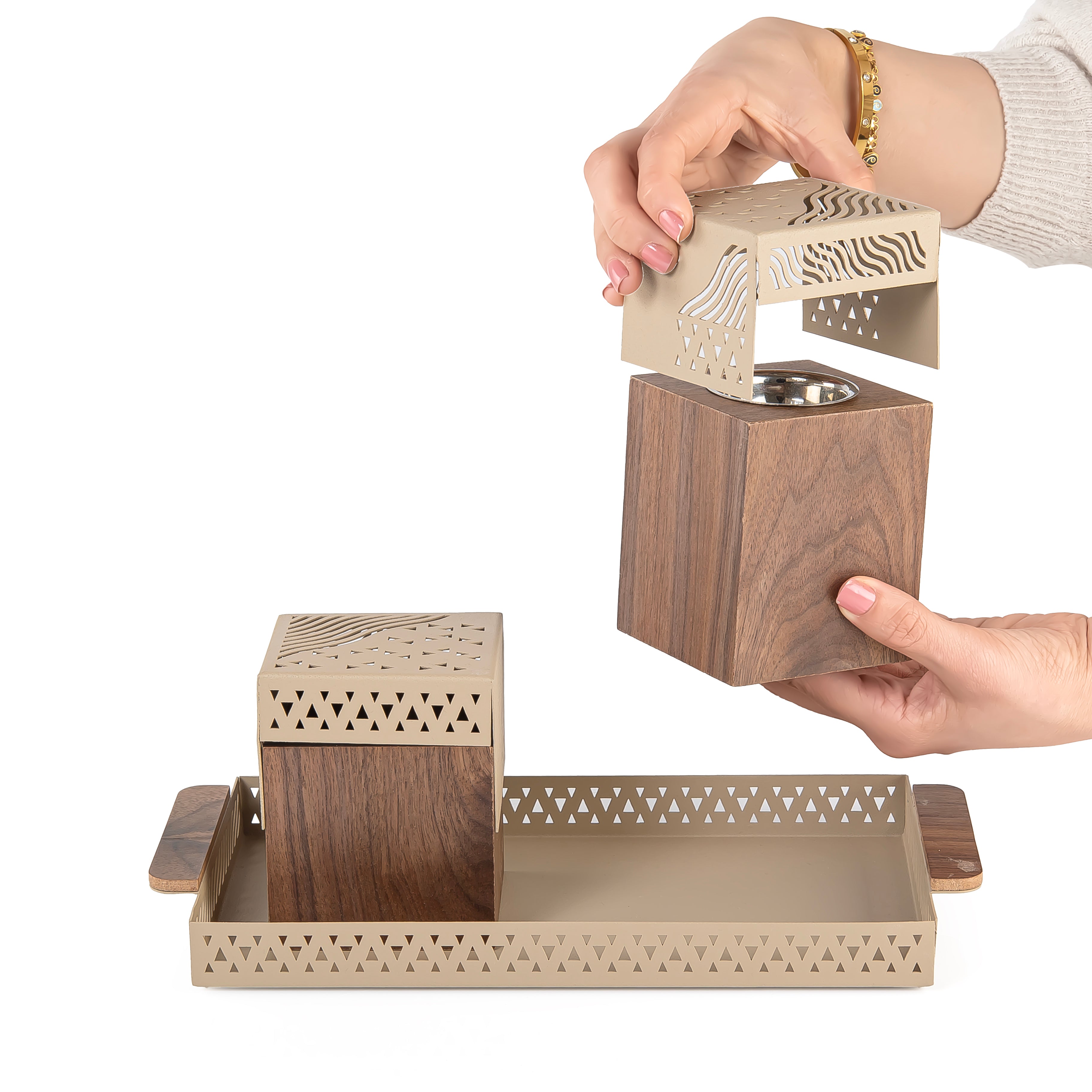 Beige metal tray with incense burner and bakhor storage box