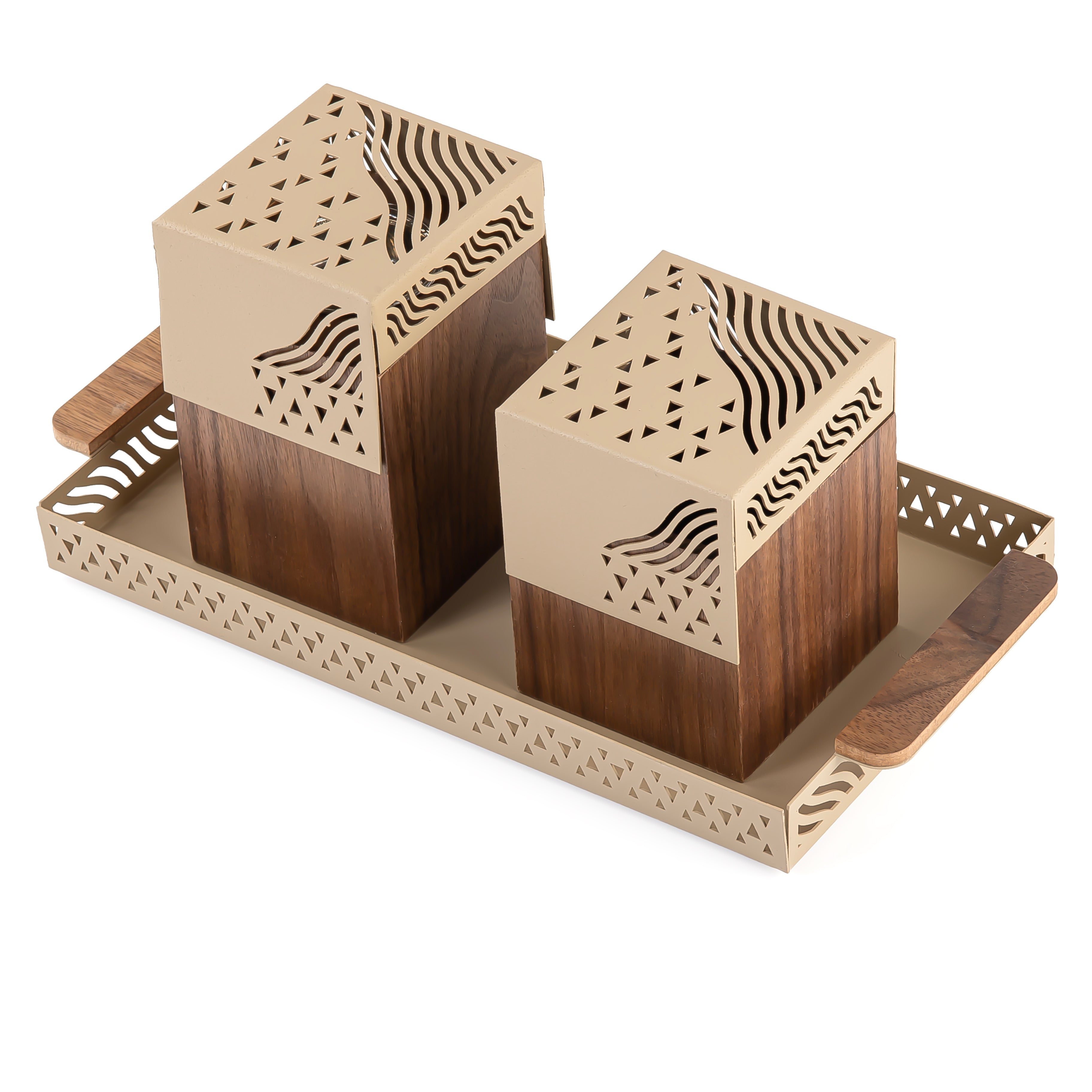 Beige metal tray with incense burner and bakhor storage box