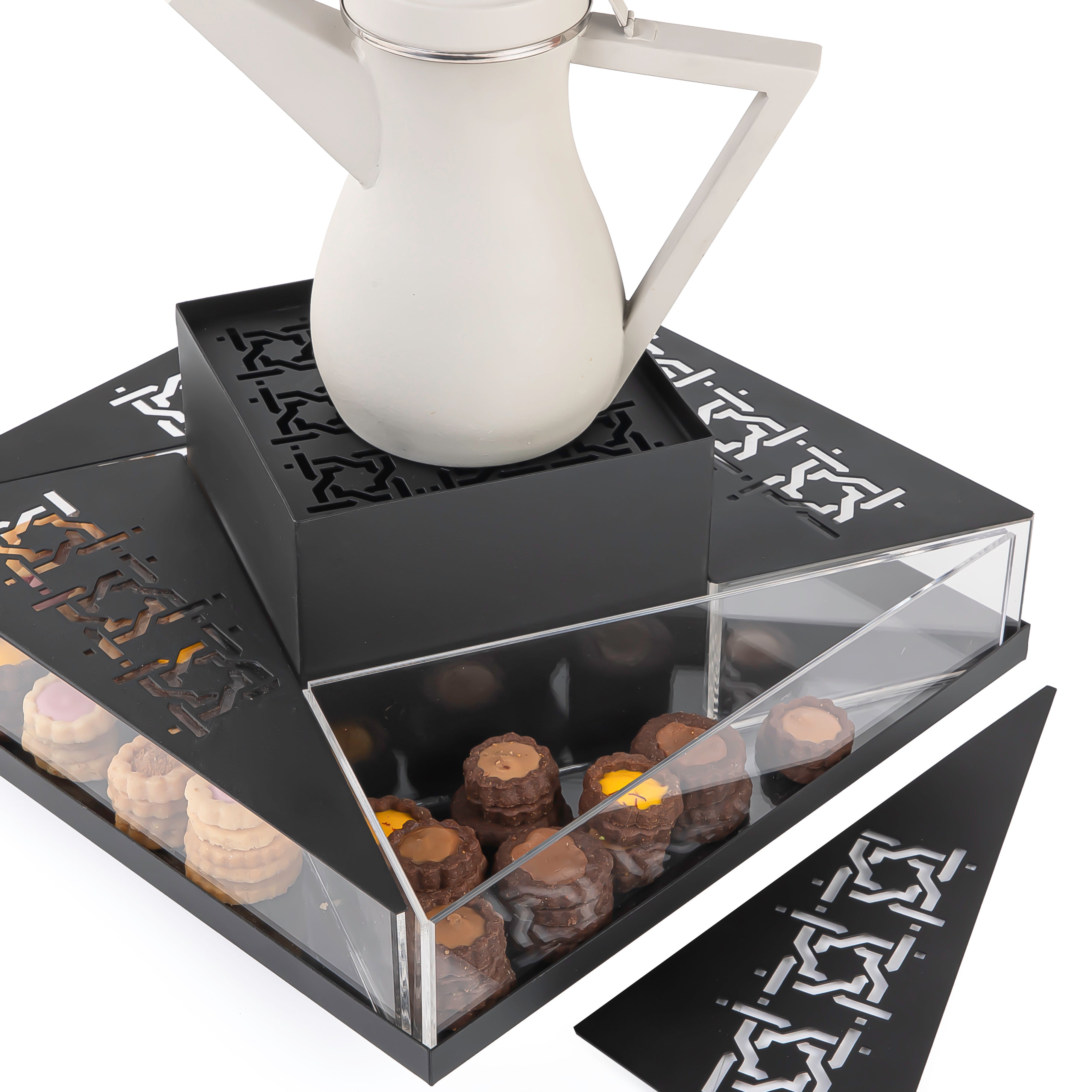 Black metal stand with sweet storage place with thermos